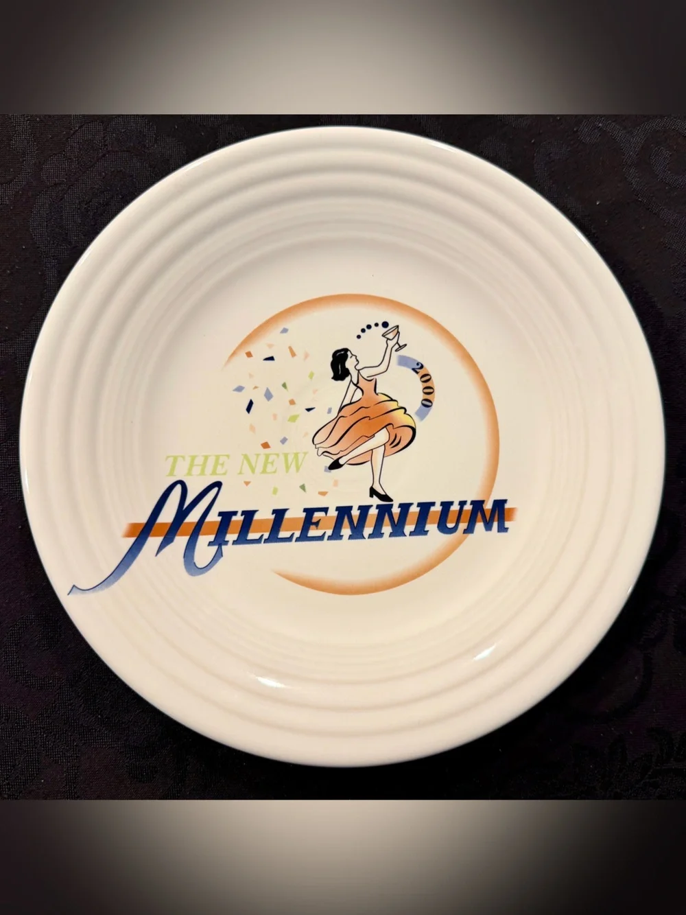 Homer Laughlin White Plate with Blue and Orange Millennium Graphic